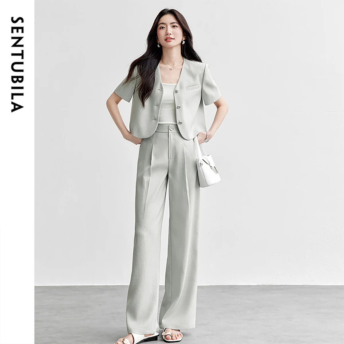 SENTUBILA 2026 Pant Sets 2 Pieces Set For Woman Pearl Metal Buckle Women's Summer Suit Wrinkle-Resistant Blazer Outfit 152ZA0061