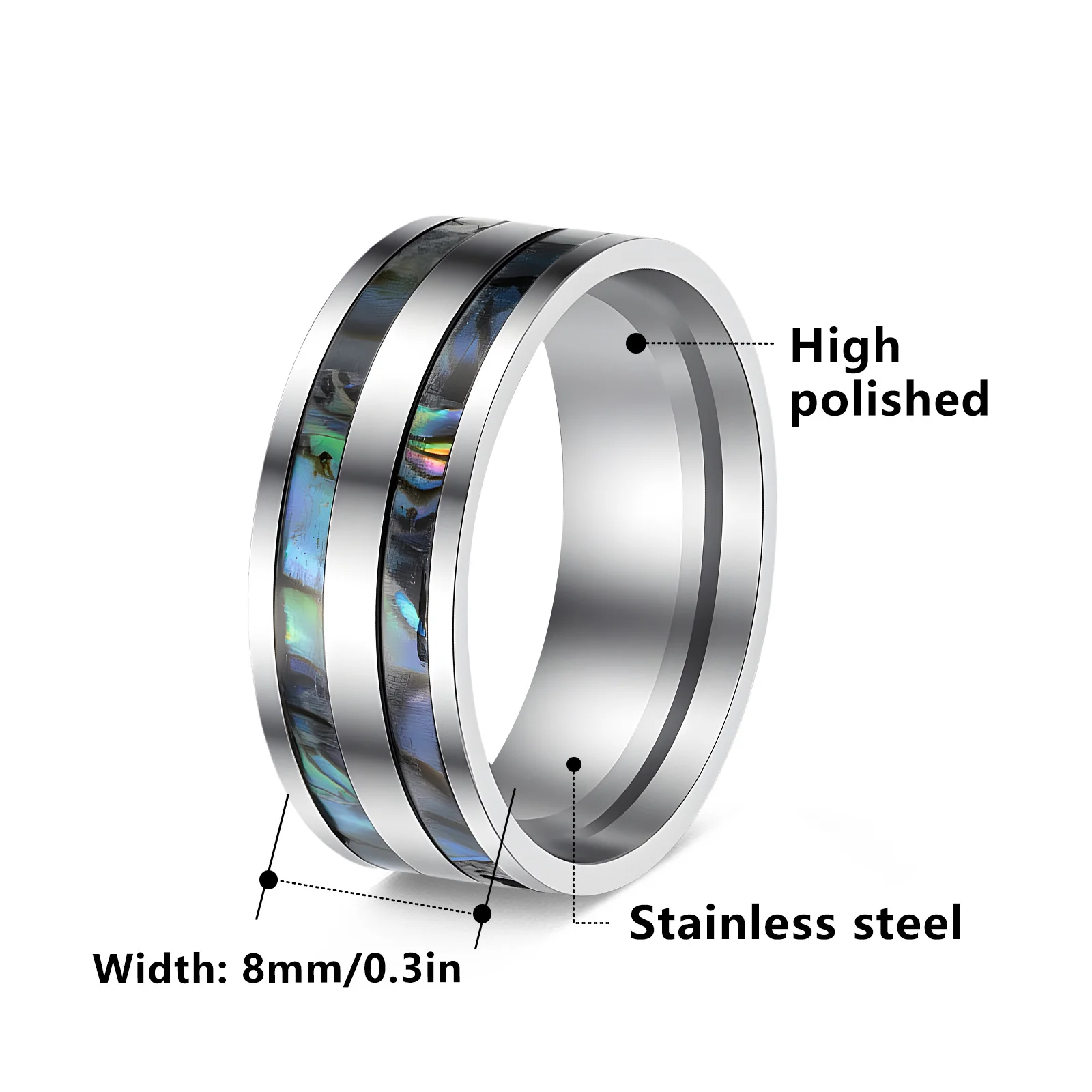 Kissmoon High Quality Stainless Steel Punk 8mm Wide Ring for Men Women Inlaid Abalone Shell Finger Ring Couples Jewelry Gift