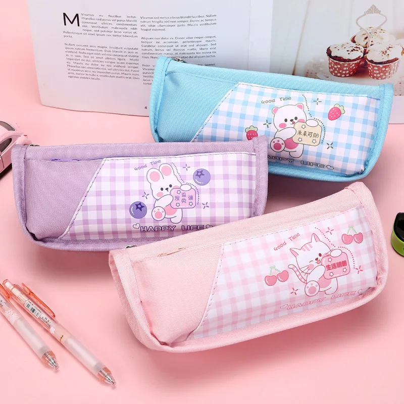 Cute Cartoon Pencil Bag Bunny Bear Cat Large Capacity Double-Layer Pen Bag Korean Stationery Bag Storage Box Back To School