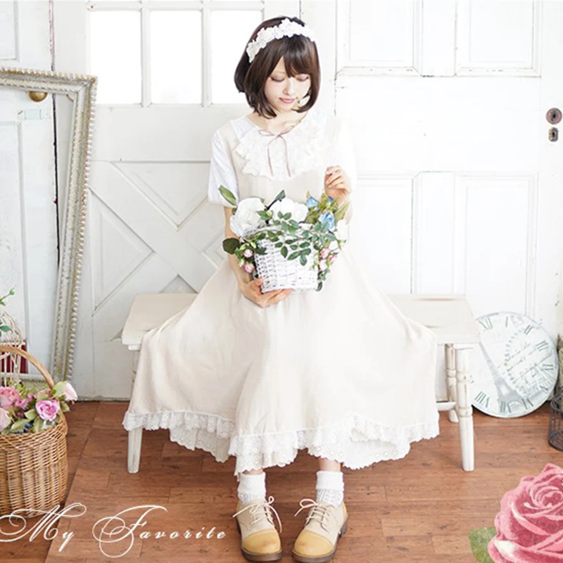 일본 모리 소녀 반팔 드레스 여성 의류 살구 녹색 레이스 자수 카와이 공주 긴 요정 드레스 A034