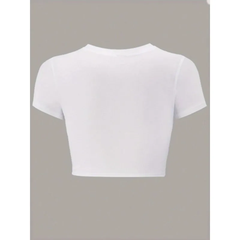 Women White Crop Top Papa Claus Santa Sunglasses Print Short Sleeve Slim Y2K Holiday Tee