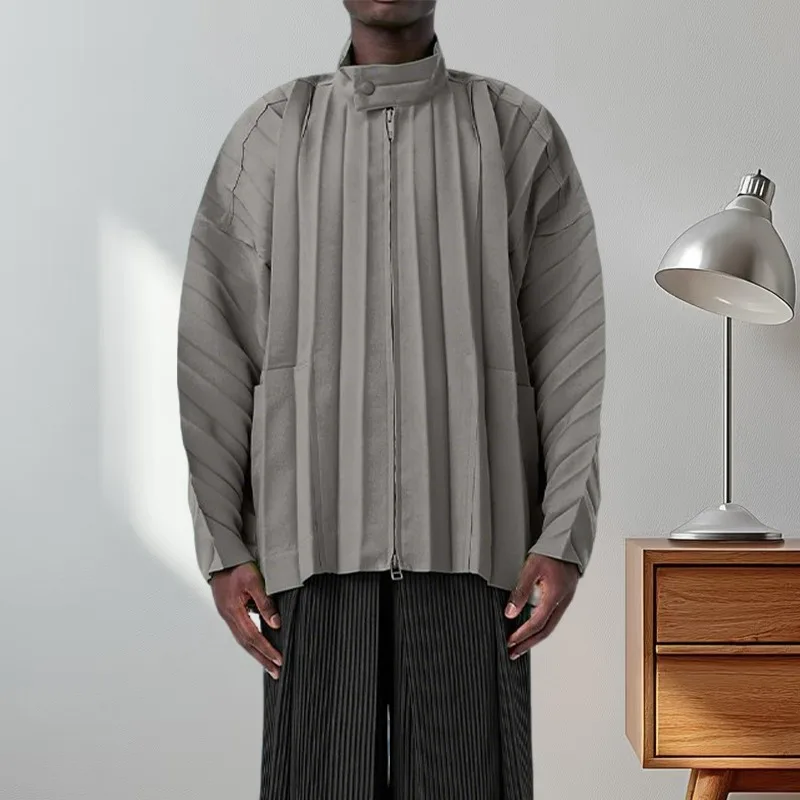 

Miyake Men's Plus Size Jacket Japanese Style Pleated Top Simple Commuter Street Fashion Wear Windproof Wrinkle-Free Black Coat