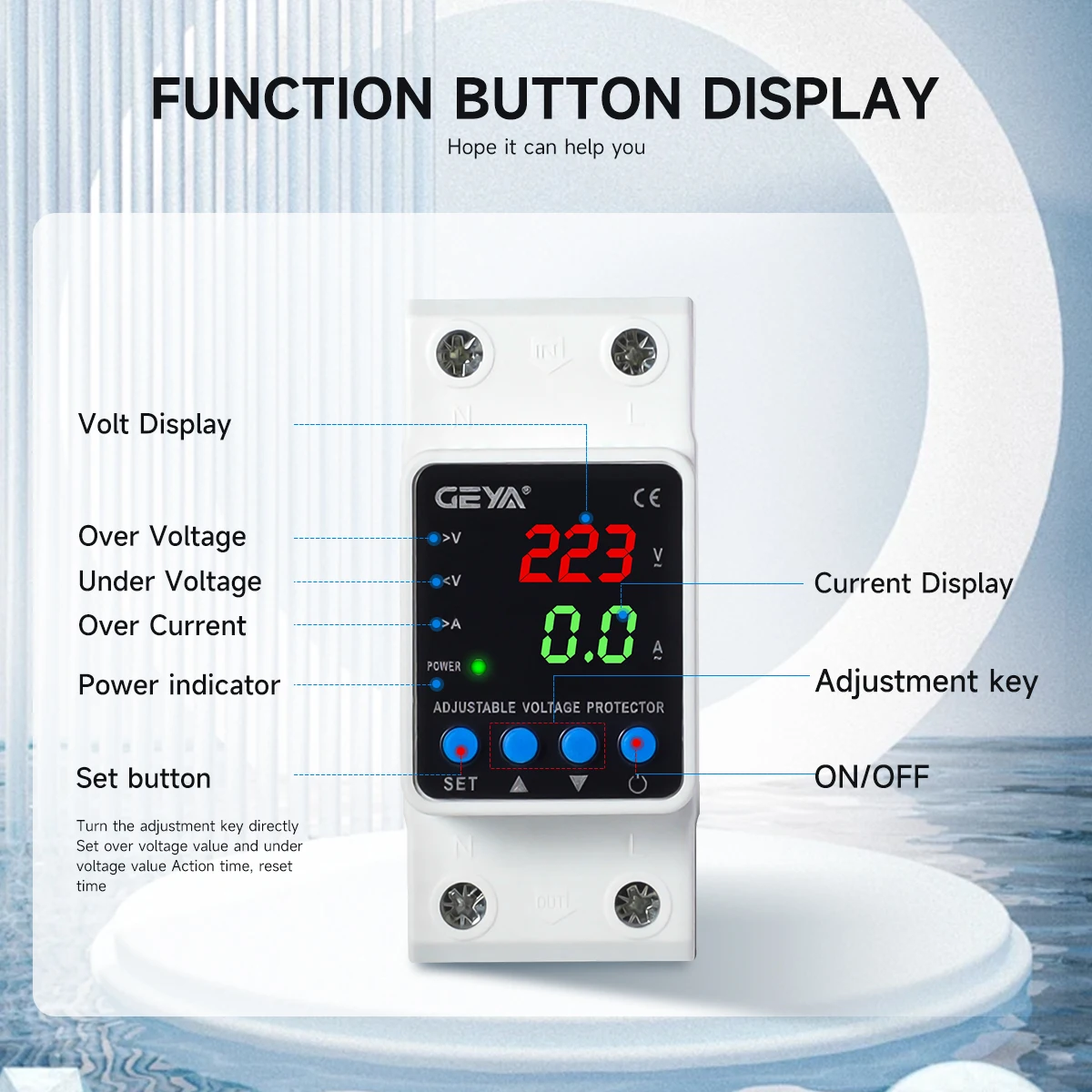 63A 220V Digital Dual Display Adjustable Over Voltage Current and Under Voltage Protective Device Self-resetting Protector Relay