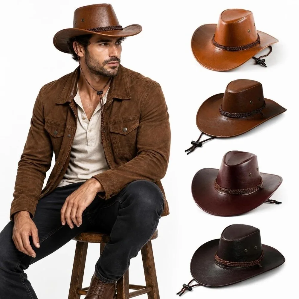 Durable Wide Curved Brim Western Cowboy Hat Wind Lanyard Classic Fedora Sun Hat Faux Leather Wide Brim Cap Outdoor Travel