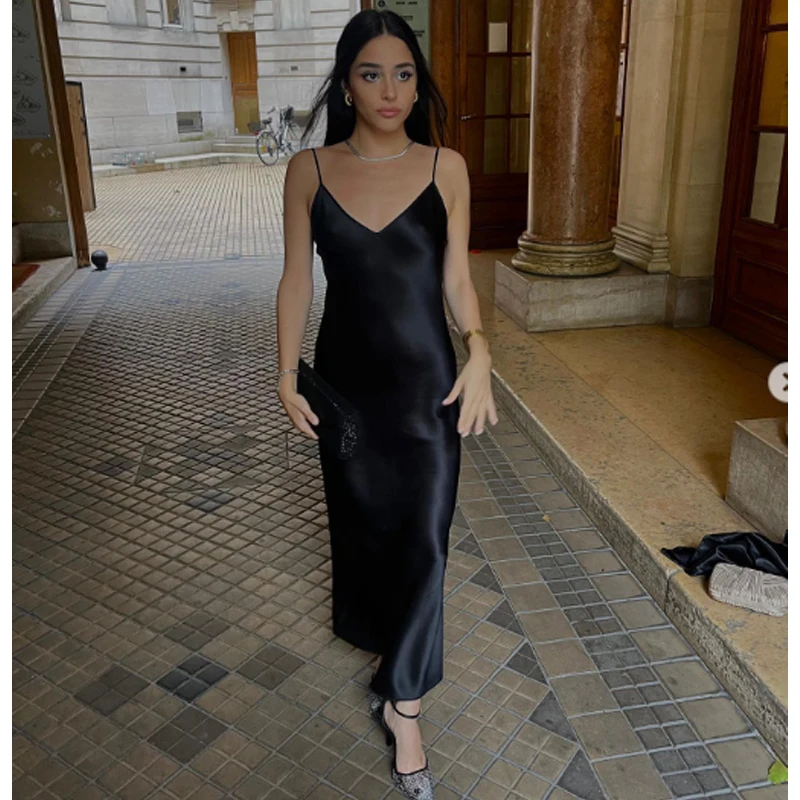 MUJER Black Slip Midi Dress Woman Satin Backless Long Dresses for Women Sexy Evening Women's Summer Dresses Straps Night Dresses