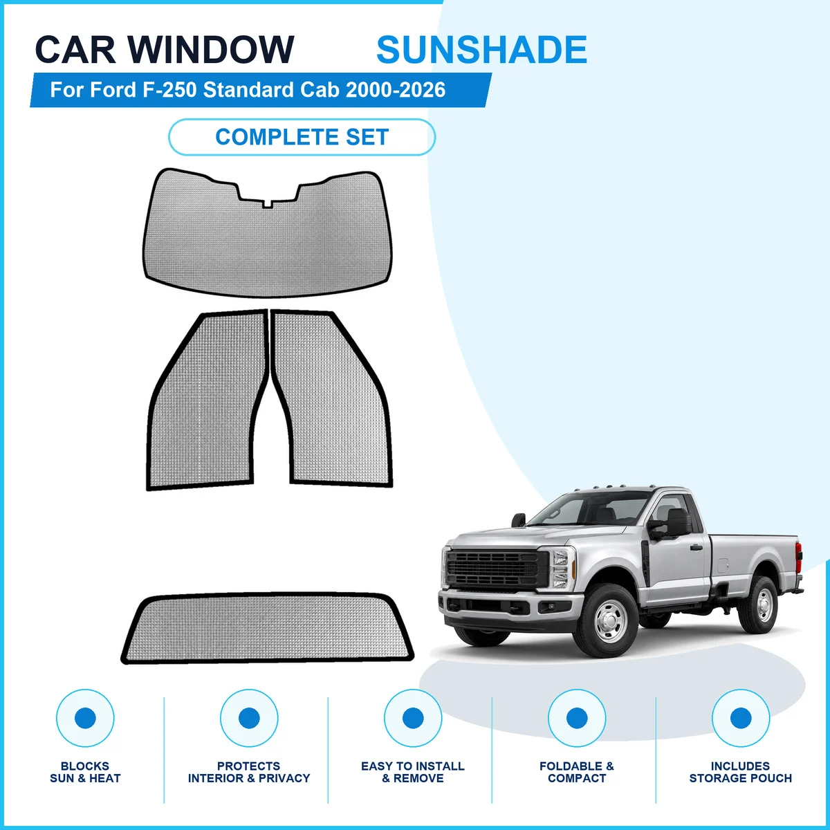 For Ford F-250 Standard Cab 2000-2026 Custom Full Set Window Sunshades Aluminum Foil Suction Cup Anti UV Privacy