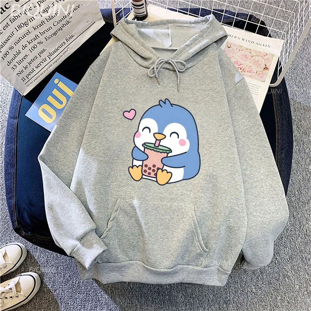 Bubble Boba Milk Tea Cartoon Hoodies Women Penguin Graphic Sweatshirts Unisex Clothes Kawaii Anime Harajuku Plus Size Hoodie