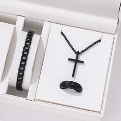 3 Piece Men Fashion Personality Simple Black Stainless Steel Non Fading Cross Necklace Ring Bracelet Set Accessories