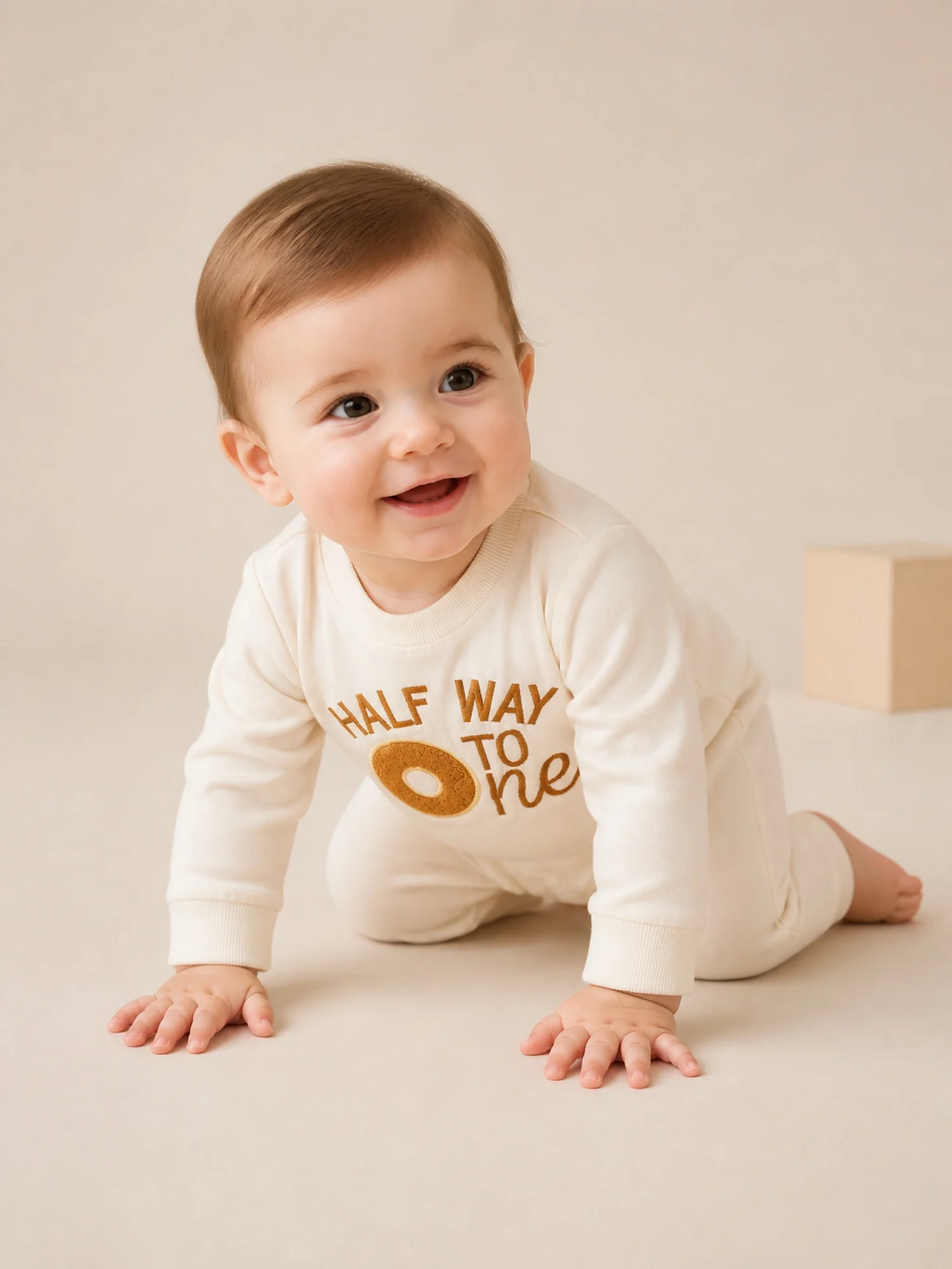 Baby Half Birthday Romper Jumpsuit Long Sleeve Crew Neck Donut Embroidery Snap Crotch Infant One‑Piece Outfit For 3‑12M 3