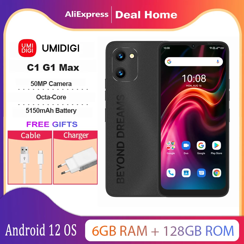 UMIDIGI C1&G1 Max Smartphone 6GB+128GB 5150mAh Telemoveis Unisoc T610 Octa-Core 50MP Camera Battery Dual SIM Portable Cellphone