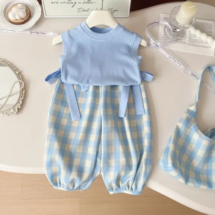 

Toddler Girls Summer Plaid Set Ribbed Sleeveless Tank + Bow Decorated Gingham Pant Soft Breathable Casual Outfit for Little Girl