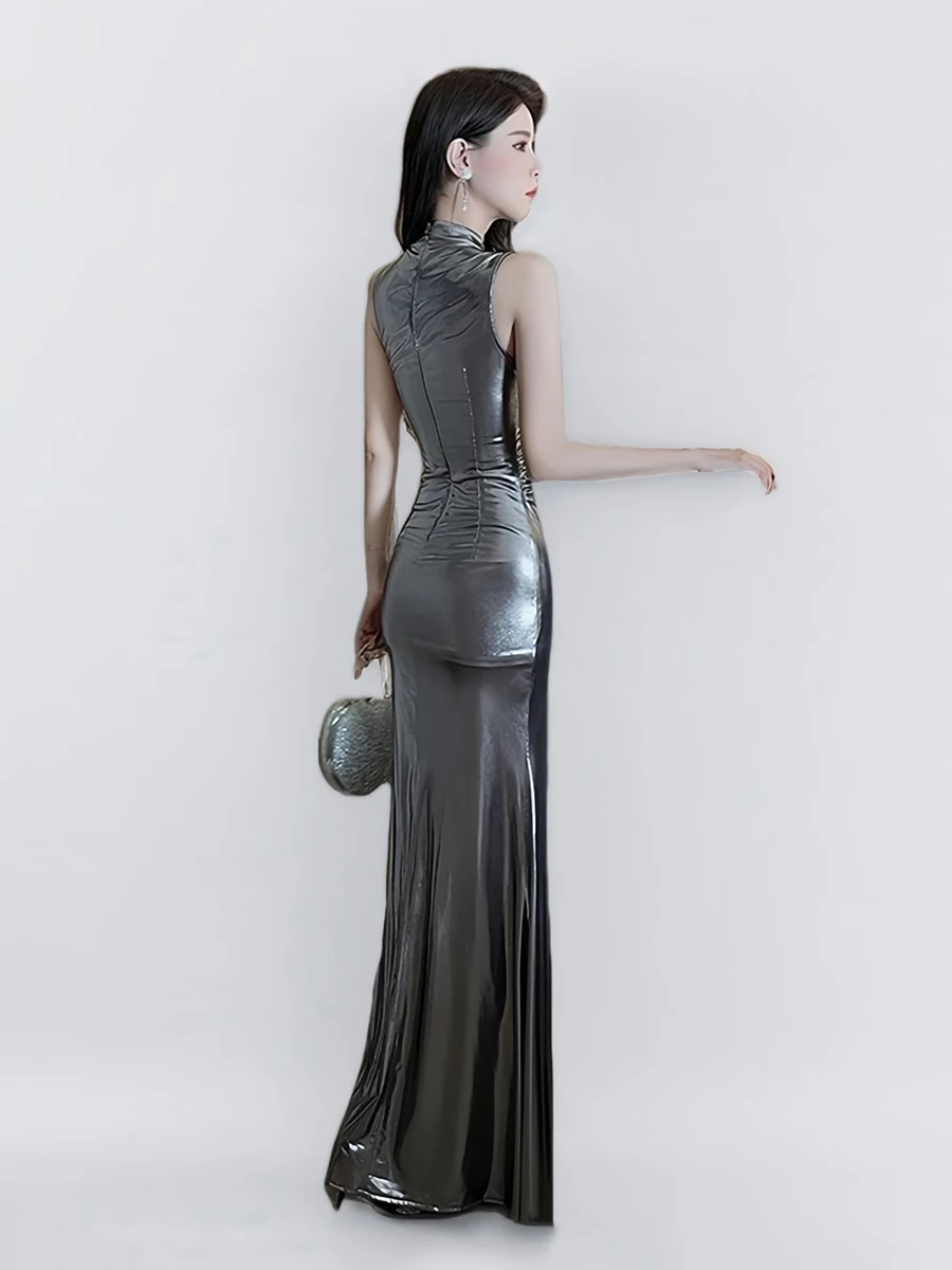 فستان تشيباو المعدني من REDDACHiC Y2k مع فتحة على الطراز الصيني للصيف وياقة واقفة بدون أكمام حورية البحر ملابس الحفلات الليلية