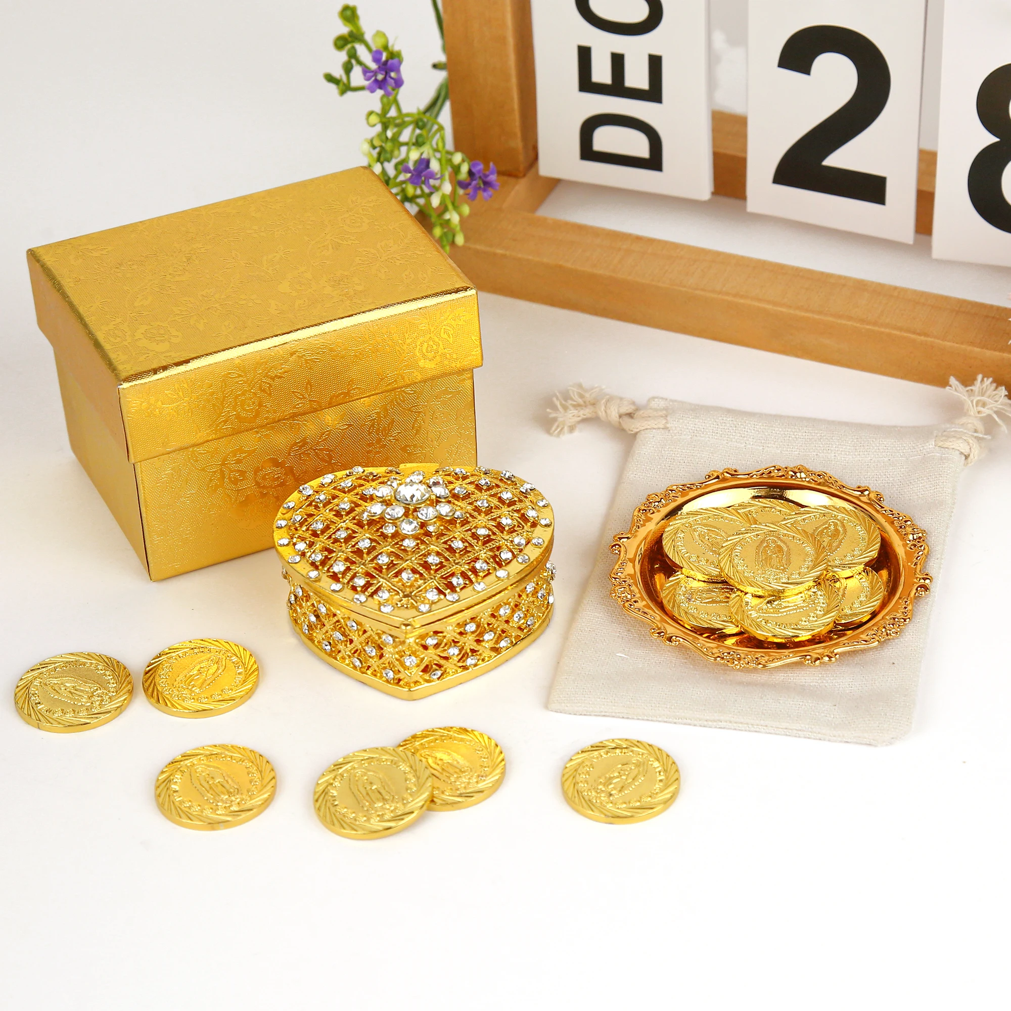 

13 Virgin of Guadalupe Coins Wedding Arras Coins Set, Arras Para Boda Catolica Decoracion Gold Gift Box