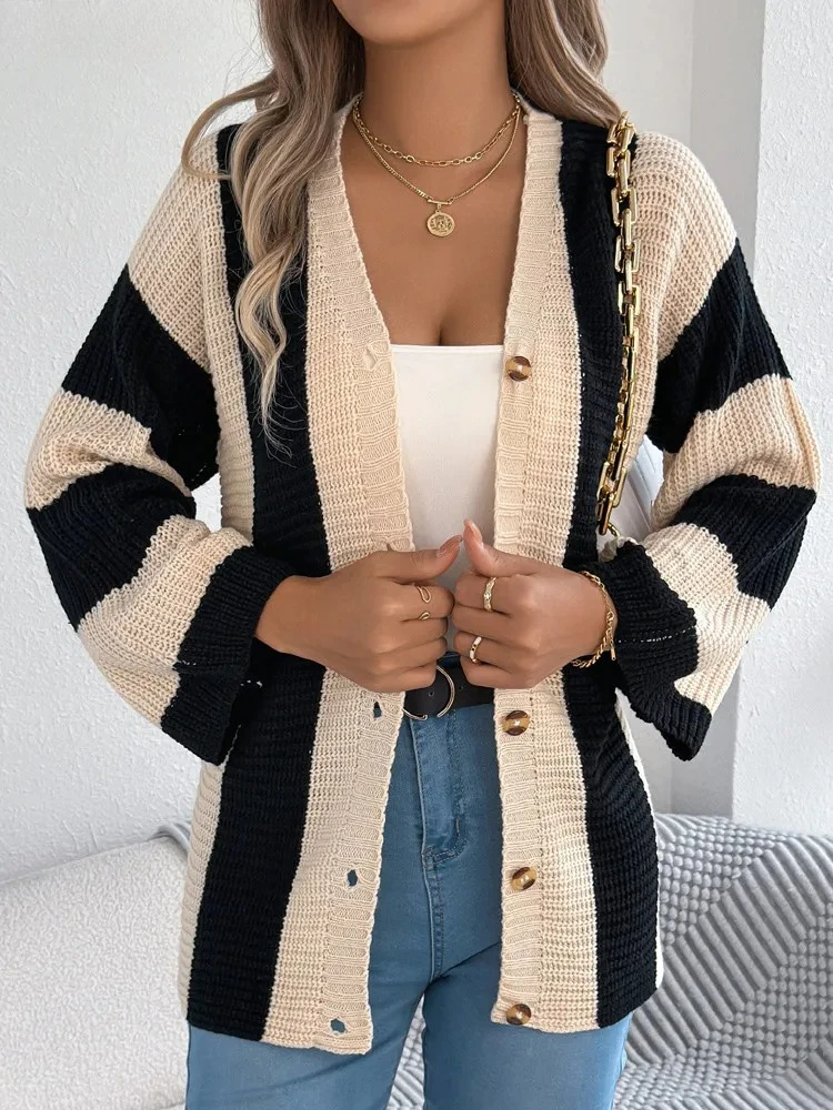 

Autumn Solid Patchwork Sweater Cardigan Winter Women Casual Long Cardigan Lady Loose Single Breasted Knitted Coat