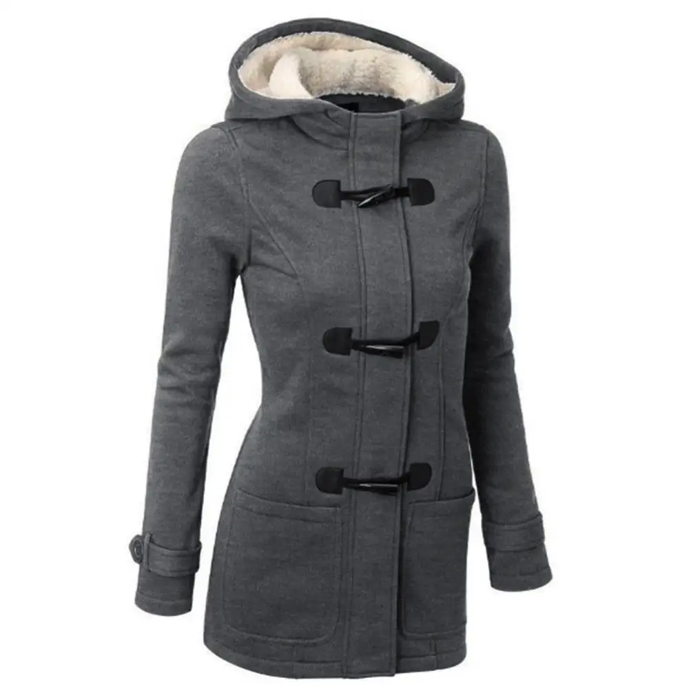 Chaqueta con capucha para mujer, abrigo de manga larga con hebilla de cuerno, Color sólido, talla grande, moda de invierno