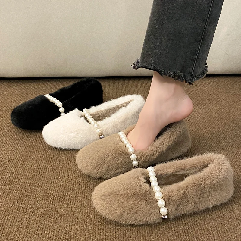 Pearl Decorateion Women Shoes Autumn Modis Casual Female Sneakers Slip-on Loafers Fur Beading Fall 2024 Slip On Moccasin White B