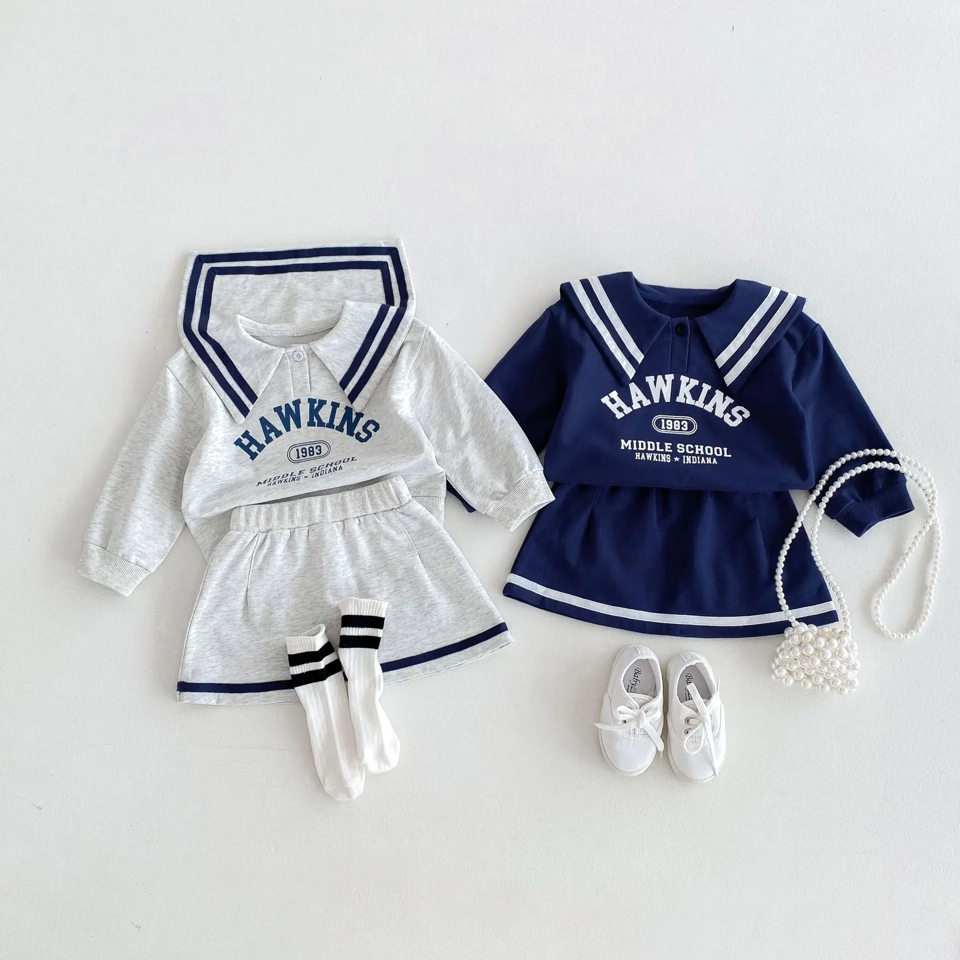 

Autumn New Children Long Sleeve Clothes Set Cotton Girls Letter Striped Lapel Tops + Skirts 2pcs Suit Kids Sailor Collar Outfits