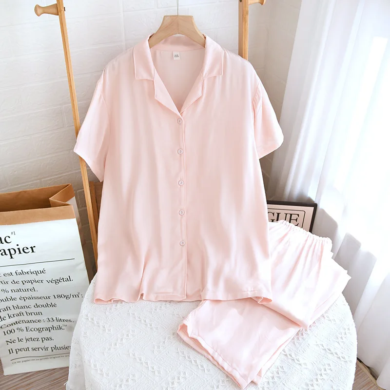 2024 New Summer Couple Sleepwear Set Viscous Fiber Gongsatin Thin Short sleeved Long Pant Two piece Solid Color Home Fury Set