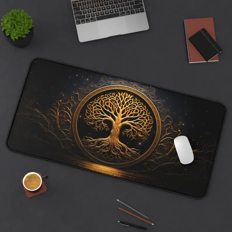 

World Tree Table Mat,Norse Mythology XXL Mousepad,Non-Slip Waterproof Gaming Mouse Pad, Black Gold Work Game Desktop Decoration