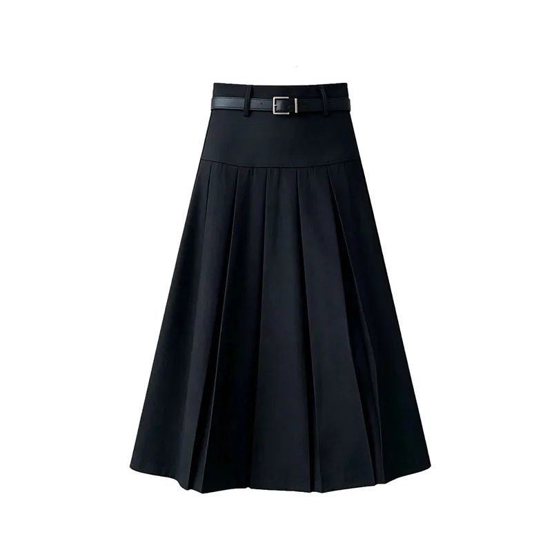 High Waisted Patchwork Pleated Skirt Woman Korean Fashion with Belt A-Line Maxi Skirts Ladies Vintage Fall Winter Long Skirts