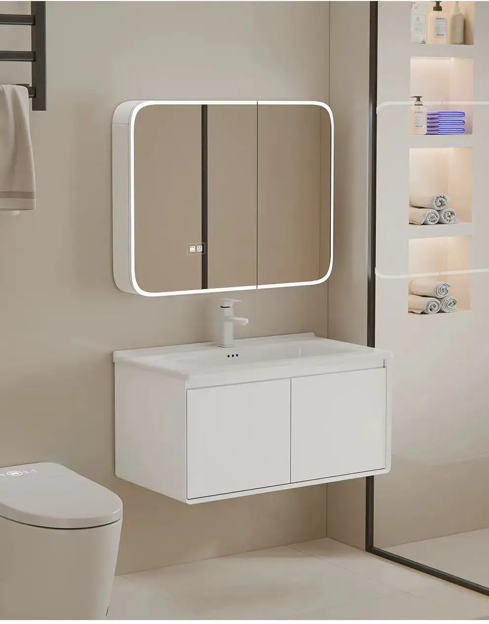 70cm Modern Minimalist Wall-Mounted Hotel Apartment Bathroom Vanity Unit White LED Illuminated Mirror Cabinet Countertop Storage