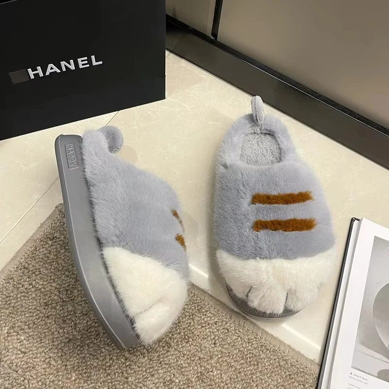 New Adorable Kitty Claw Slippers Women's Home Shoes Non Slip Furry Mules Female Fashion Warm Fluffy Slides Outdoor Cat Slippers image 4