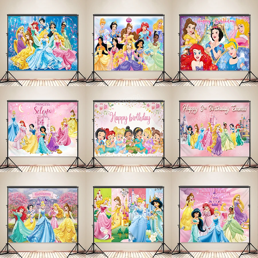 Disney Princess Custom Backdrop Belle Aurora Cinderella Ariel Rapunzel Tiana Snow White Backdrop Girls Birthday Banner Decor