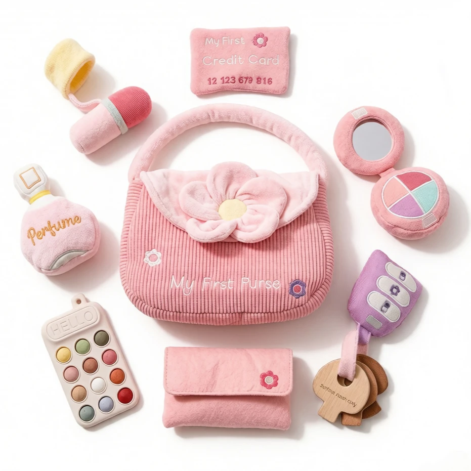 15Pcs Soft Cotton Fabric Pretend Makeup Set with Mirror & Lipsticks, kids role play cosmetic bag, educational gift