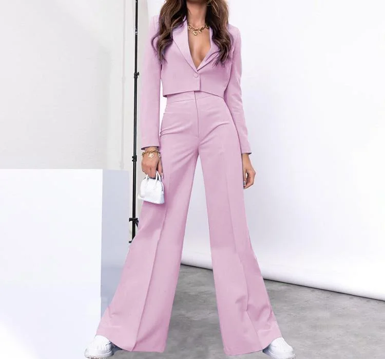 Two Piece Set Women Outfit 2023 Autumn Fashion Solid Notched Collar Long Sleeve Crop Blazer & High Waist Wide Leg Pants Suit