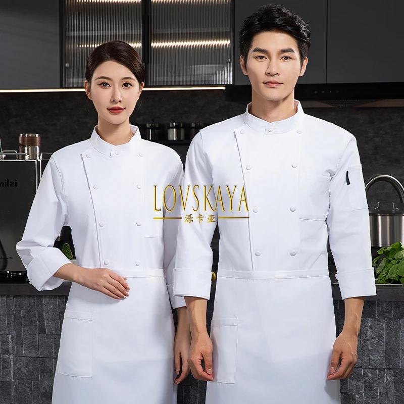 Long sleeved elastic cotton pure black pure white catering chef work clothes high-end hotels and restaurants