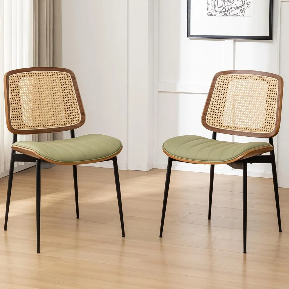 Mid Century Modern Rattan Dining Chairs Set: 4 Green PU Leather Upholstered, Metal Leg Kitchen Chairs with Adjustable Features