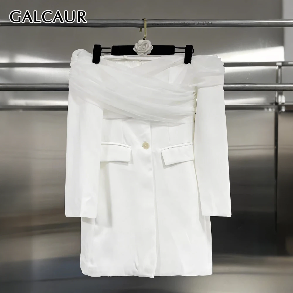 

GALCAUR Solid Spliced Mesh Luxury Jacket Female Slash Neck Long Sleeve Loose High End Women's Jackets Autumn Fashion New Style