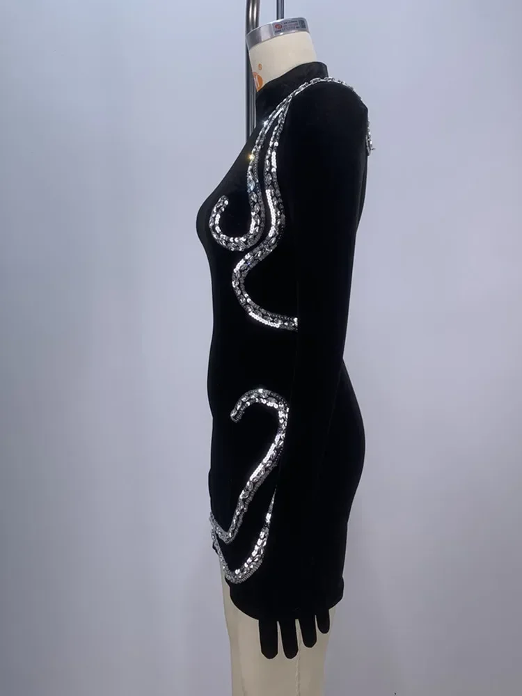 Sexy Long Sleeve Turtleneck Black Crystal Diamonds Black Velvet Women Celebrity Dress 2024 Elegant Party Evening Club Vestido