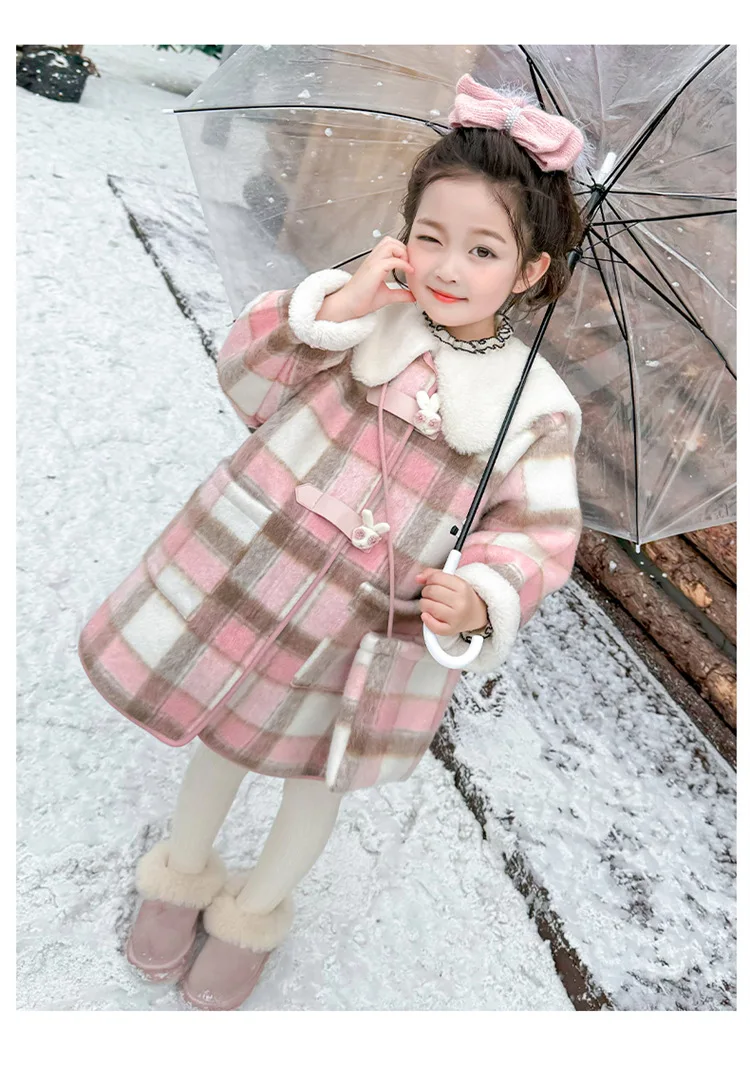 Girls Plaid Wool Coat Children 2024 New Autumn Winter Fashion Simple Casual Warm Coat Korean Sweet Style Top Clothes Coat