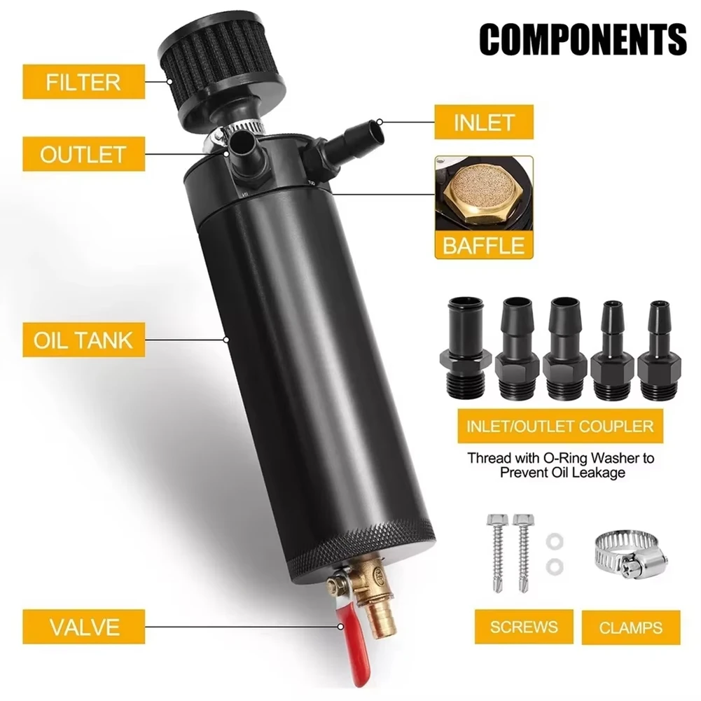 GOODT37C Universal 2 Port Aluminum 750ml Baffled Oil Catch Can Reservoir Tank with Breather Filter and Drain Valve