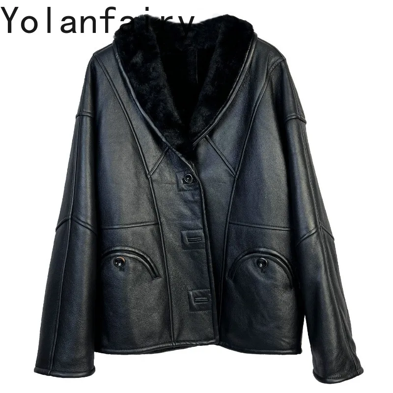 

YOLANFAIRY Новая осенне-зимняя женская шуба из 100% натурального меха, куртка из натуральной овчины в стиле Lazy Style, теплая меховая куртка с отложным воротником