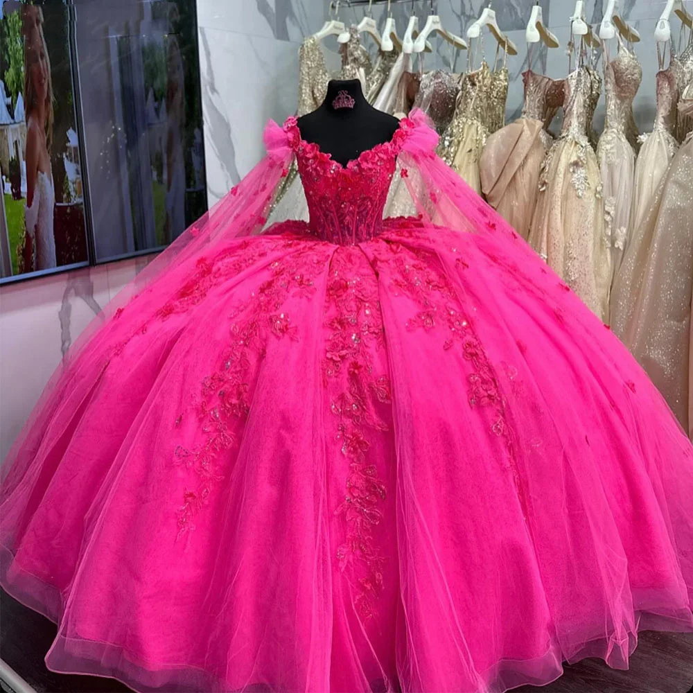 Angelsbridep Pink Quinceanera-Kleid mit Wraps, individuelle Applikation, Spitze, Tüll, Ballkleid, Vestidos für 15 Jahre