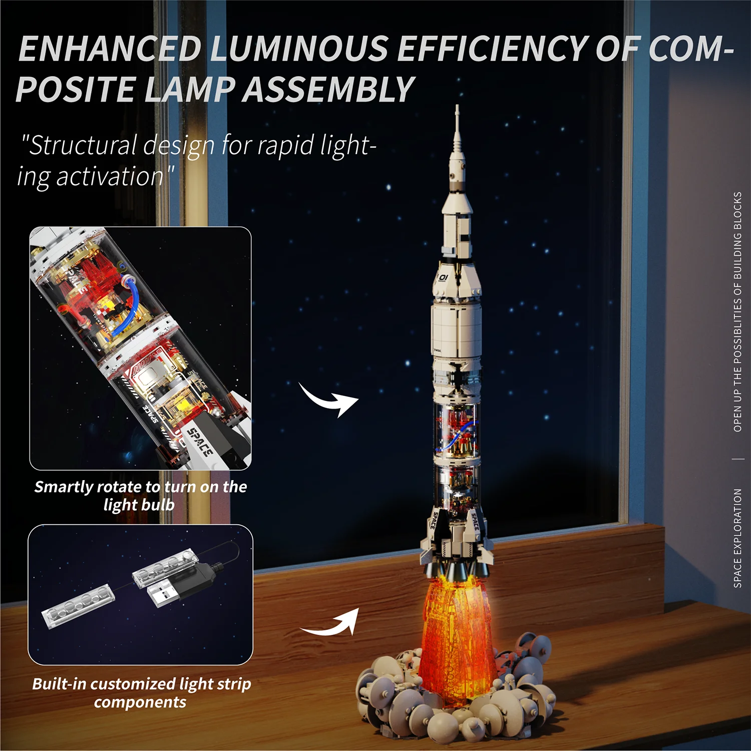 High Difficulty Space Space Exploration Rocket Building Blocks Set DIY Mechanical Rocket With LED Lights Bricks Kits Toys
