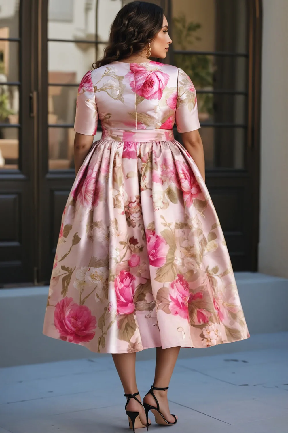 بالإضافة إلى حجم ضيف حفل زفاف الوردي أنيقة الأزهار جولة الرقبة قصيرة الأكمام جيب الساتان فساتين متوسطة الطول #3