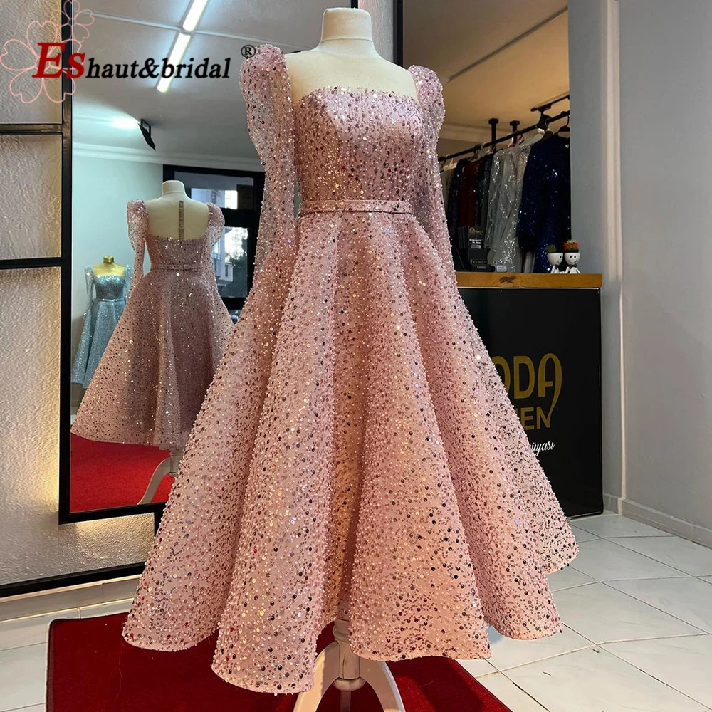 Elegant Dubai Pink Evening Dress for Women 2024 O Neck Aline Beads Ankle Length Formal Prom Wedding Party Gowns Customized