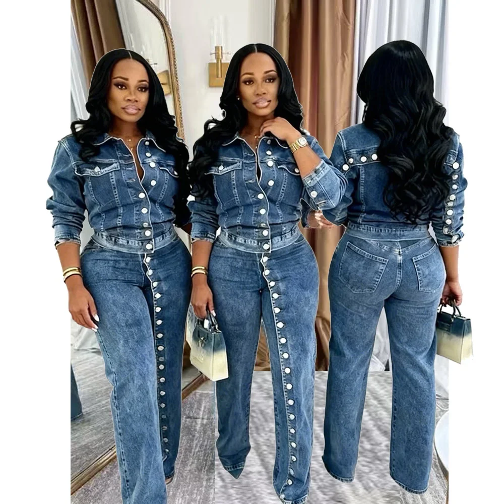 

Crop Denim Jackets Coat Elegant 2 Piece Pant Set Outfits Y2K Streetwear 2026 Winter Fall Chic Clothes Women Sexy Two Piece Sets