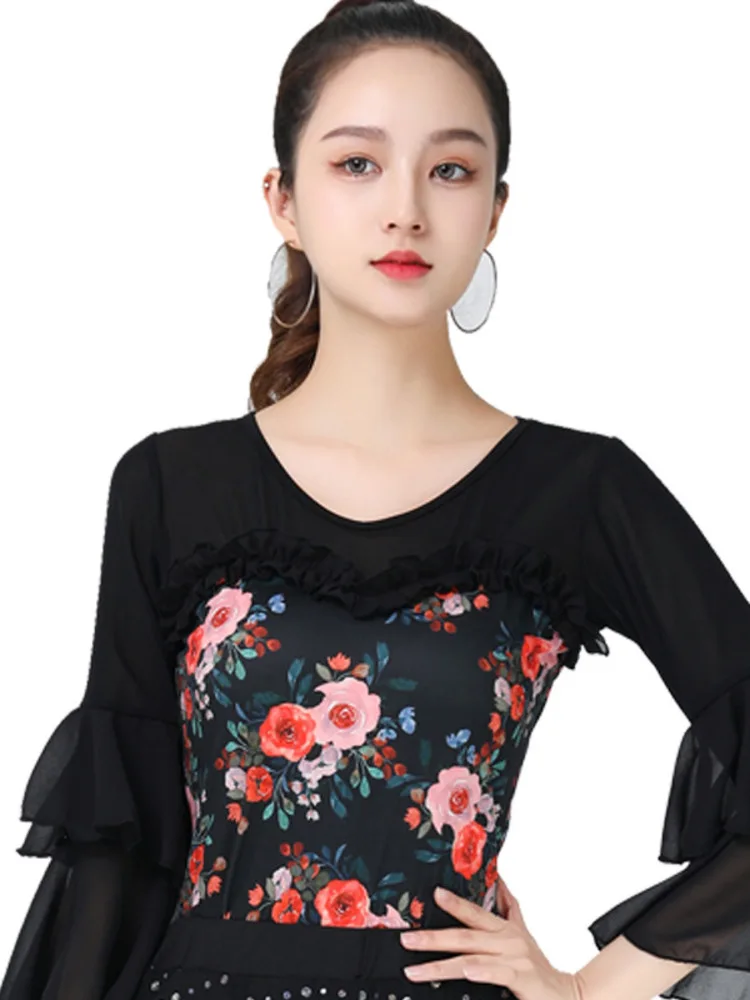 Mesh Patchwork Ballroom Standard Tops Women Female Clothing Line Dance Suit Latin Flowers Wear Birthday Classical Elegant Skirts