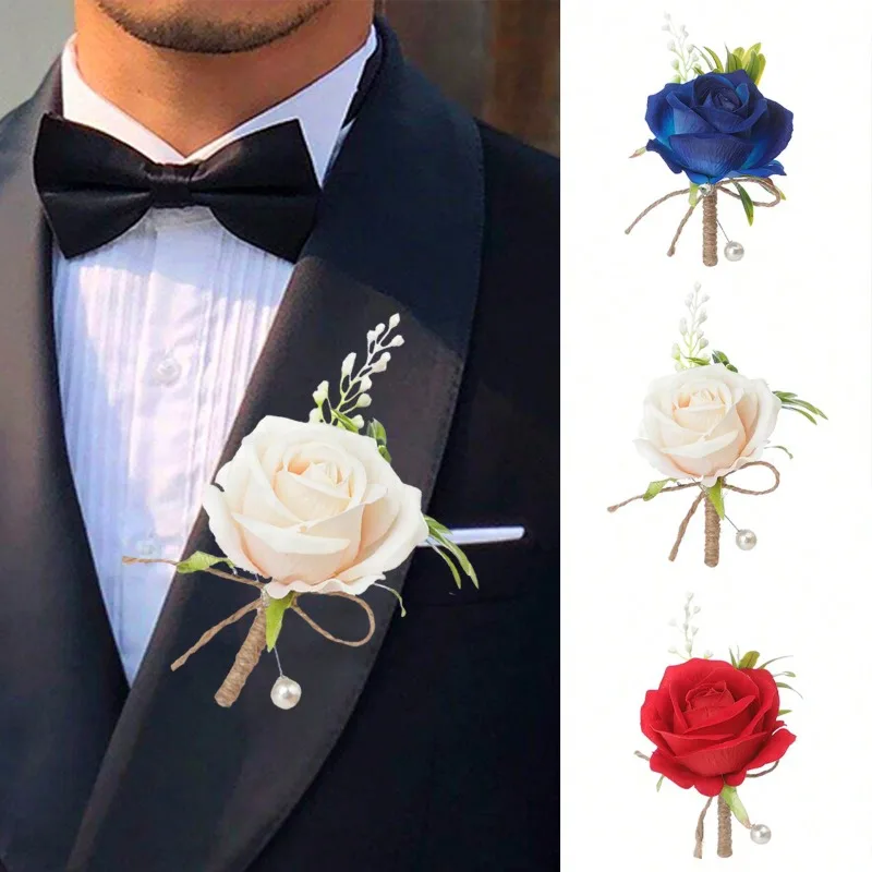 1pc Rose Boutonniere for Men Hemp Rope Pearl Groom Groomsmen Boutonniere for Wedding Ceremony Anniversary Formal Dinner Party