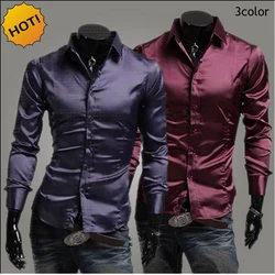 Quente 2022 primavera outono emulação de seda brilhante lazer camisas de manga longa masculina camisas dos homens vinho de seda vermelho/roxo/preto smoking camisa