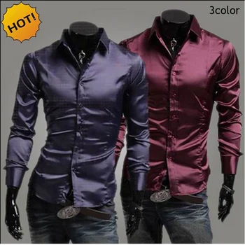 Camisas de vestir de manga larga para hombre, camisa de esmoquin de color rojo/púrpura/negro, emulación de seda brillante, ocio, primavera y otoño, 2022