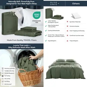 King Size Hypoallergenic Lyocell Duvet Cover Set - Cooling, Soft, Temperature Control with Button Closure & Corner Ties in Moss
