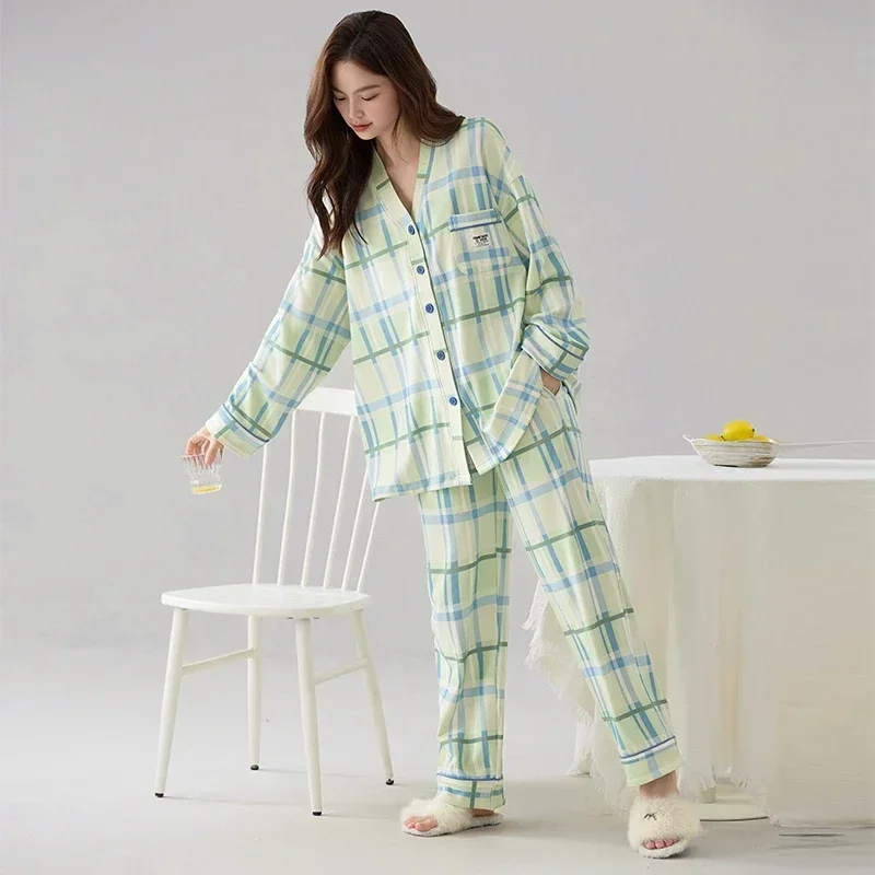 Dralon Women Plaid Pajamas Sets Warm Sleepwears Long Sleeves Long Pants Autumn Winter Girls Pijamas Cozy Pyjamas Soft Pjs Casual