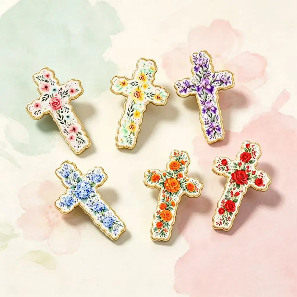 6pcs Vintage Floral Cross Enamel Brooch Pins, Colorful Flower Lapel Badge, Clothing Bag Decor, Black Friday Christmas Gift Jewel