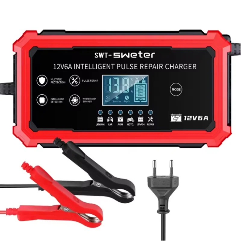 EU Plug SWT-3610 12V 6A Car Battery Charger Pulse Repair LCD Display Smart Fast Charge AGM Deep Cycle GEL Lead-Acid Charger