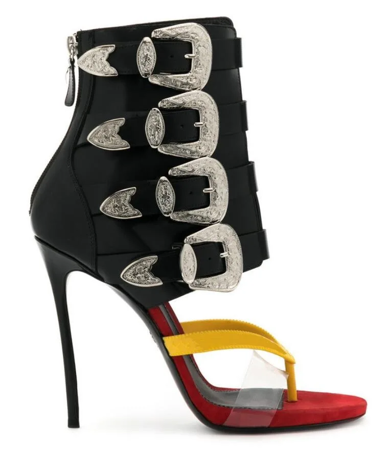 

Лоскутные женские шлепанцы с круглым носком и пряжкой на ремне, летние женские шлепанцы до середины икры, сандалии на высоком каблуке-шпильке с молнией сзади, обувь большого размера